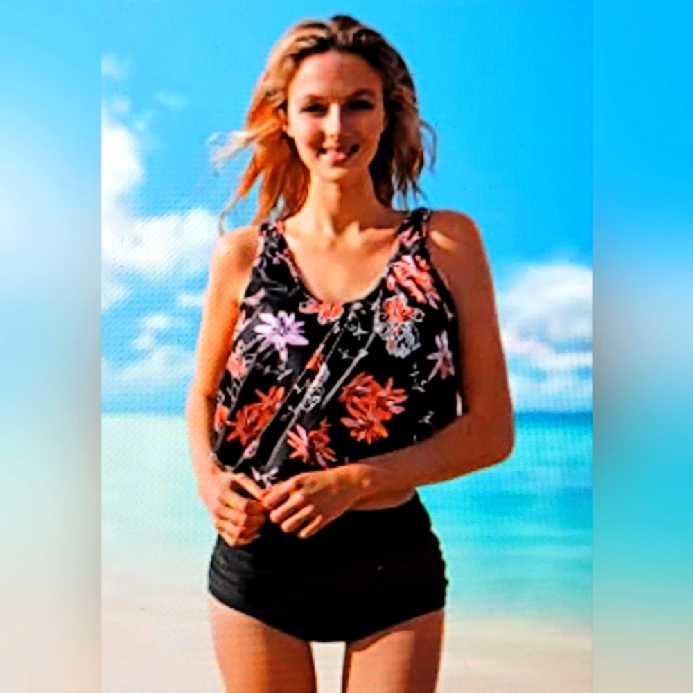 NWT PLUS SIZE TWO PIECE Flounce High Waist Tankini Flowy Beach Swim